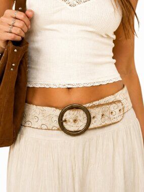 Wallis White Embossed Wide Leather Belt Antique Round Buckle Boho M/L